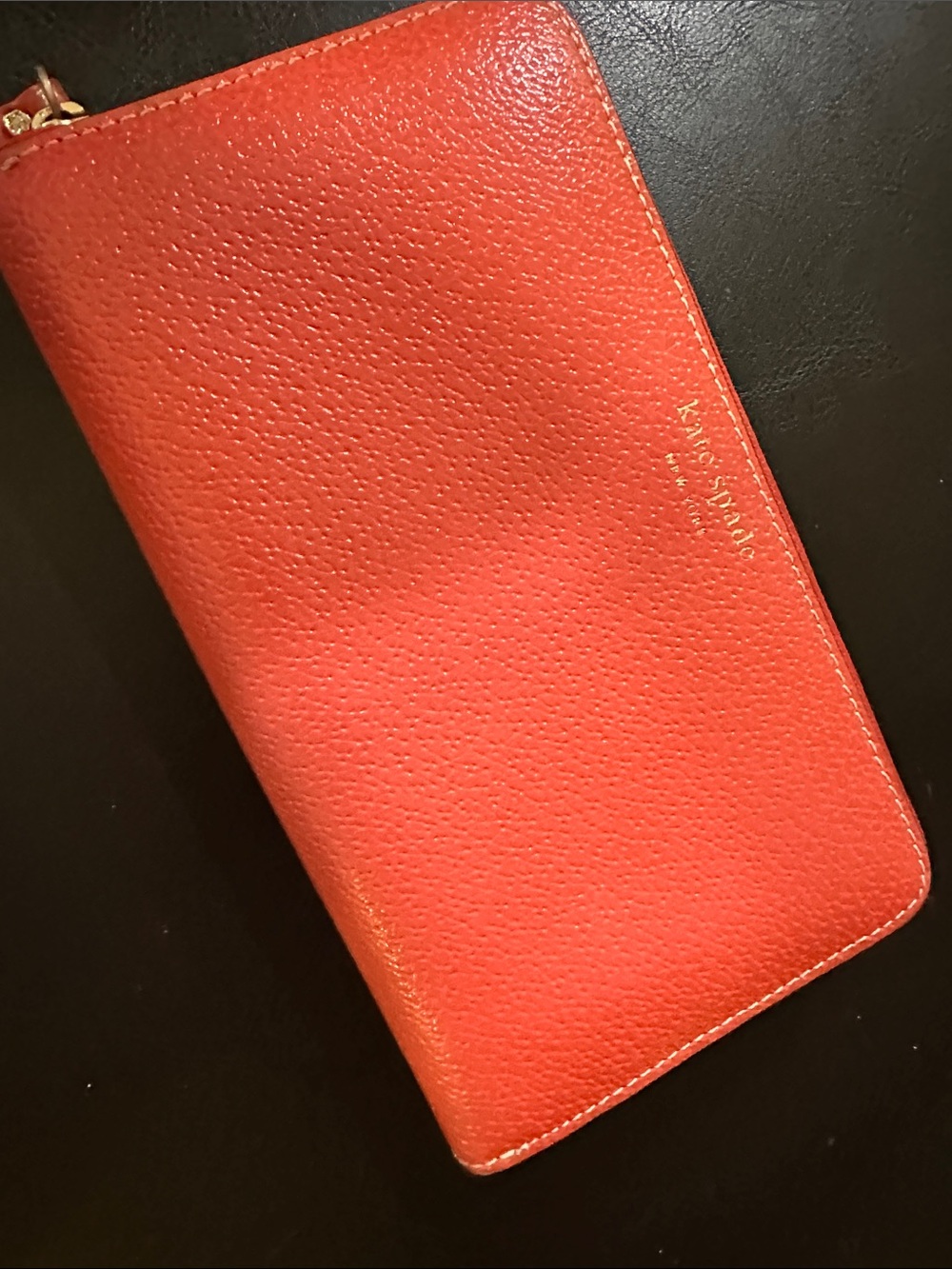 kate spade coral pebbled zip wallet with gold logo